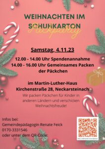 Veranstaltingsplakat "Weihnachten im Schuhkarton - Packparty"